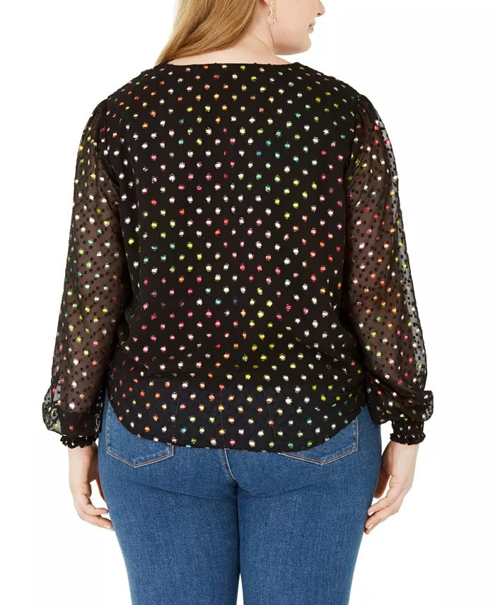 INC International Concepts Women's Plus Size Polka Dot Tie Front Top Black Size 0X