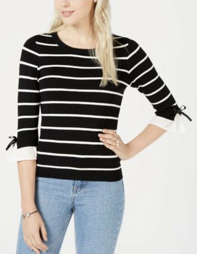 Maison Jules Women's Striped Puff-Sleeve Sweater Black Size XX-Large