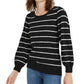 Maison Jules Women's Striped Puff-Sleeve Sweater  Black Size Large