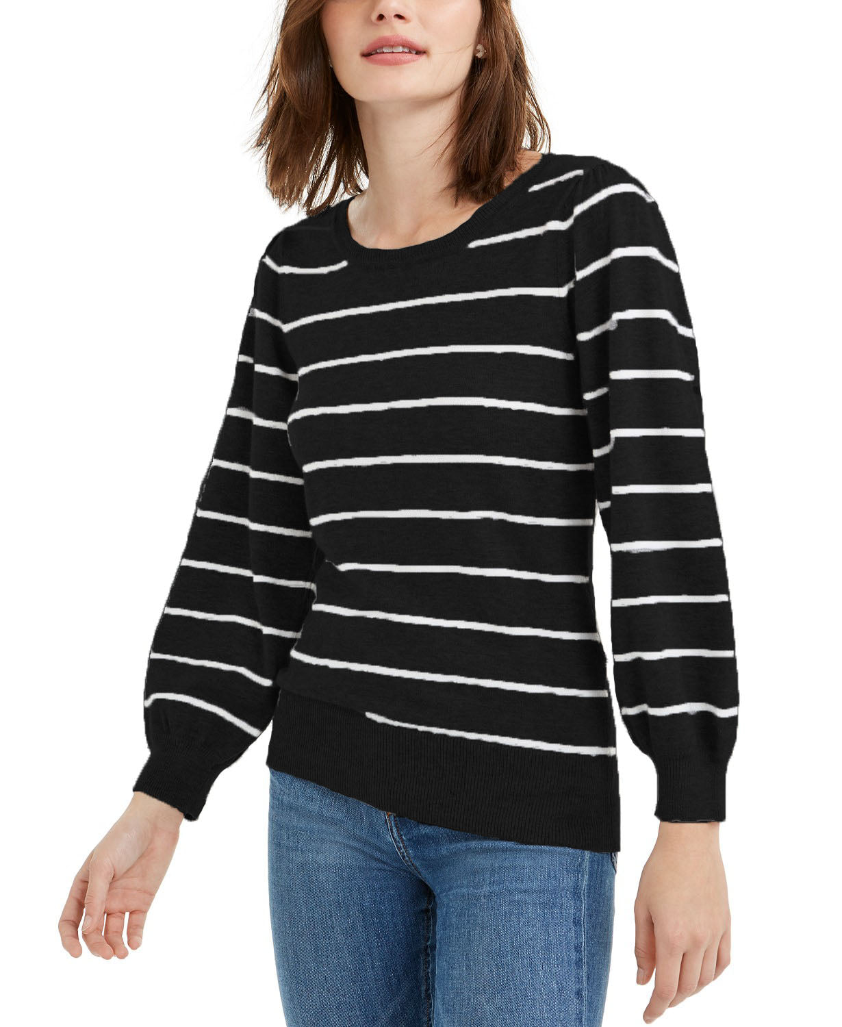 Maison Jules Women's Striped Puff-Sleeve Sweater  Black Size Large