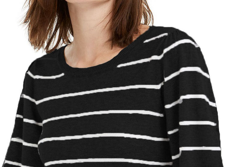 Maison Jules Women's Striped Puff-Sleeve Sweater  Black Size Large