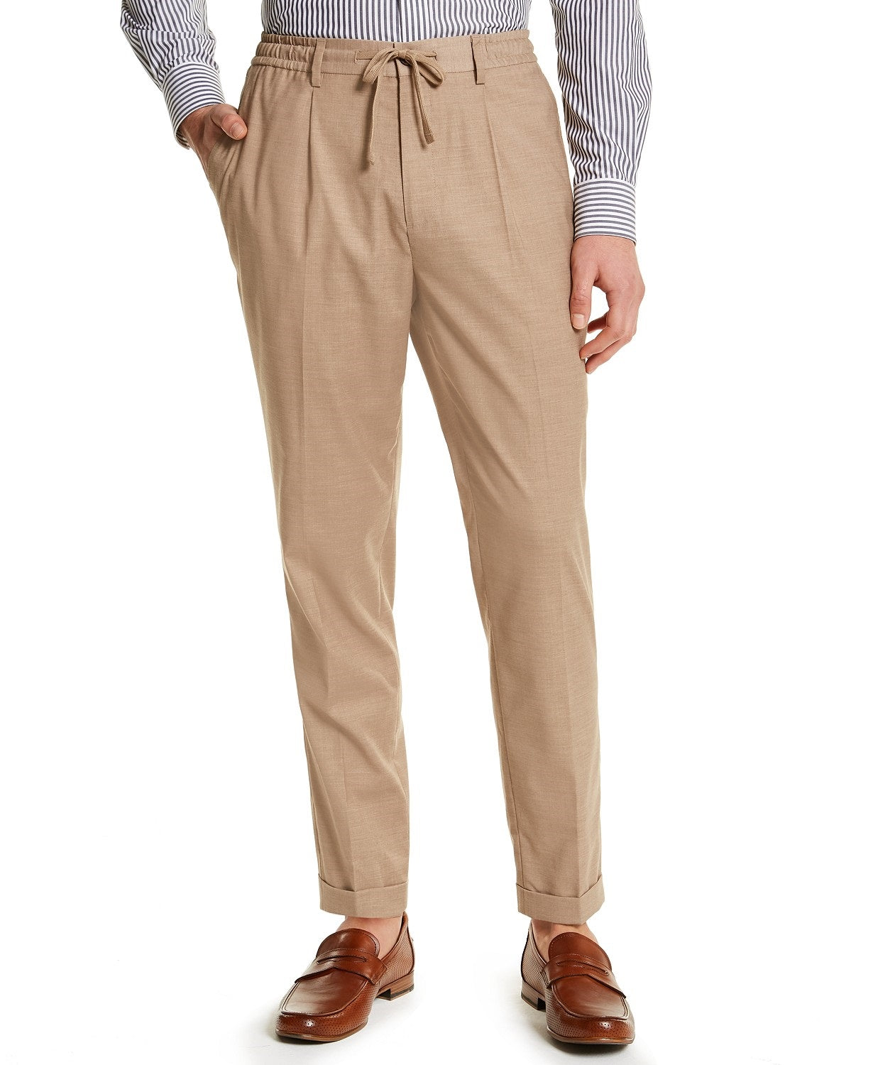 Tasso Elba Men's Classic-Fit Stretch Tropical Weight Dress Pants Beige Size Medium