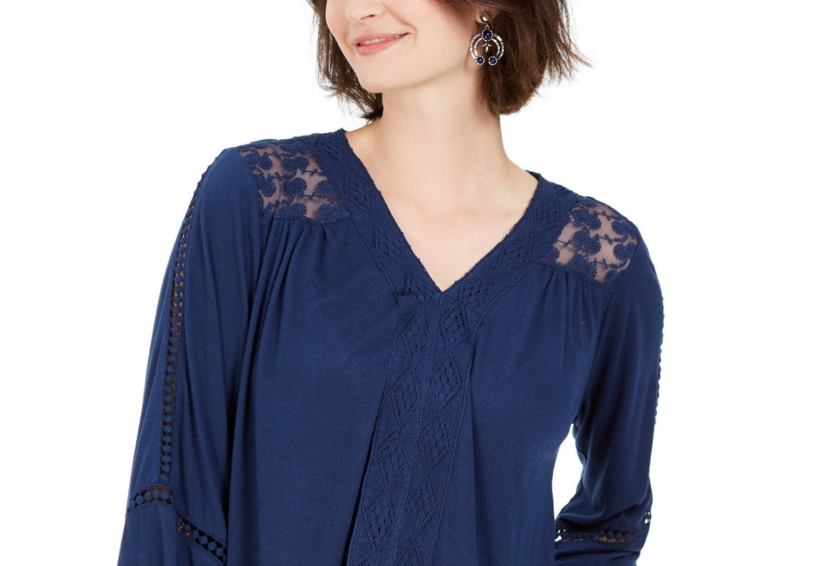 Style & Co Women's Lace-Back Crochet Top Navy Size Small