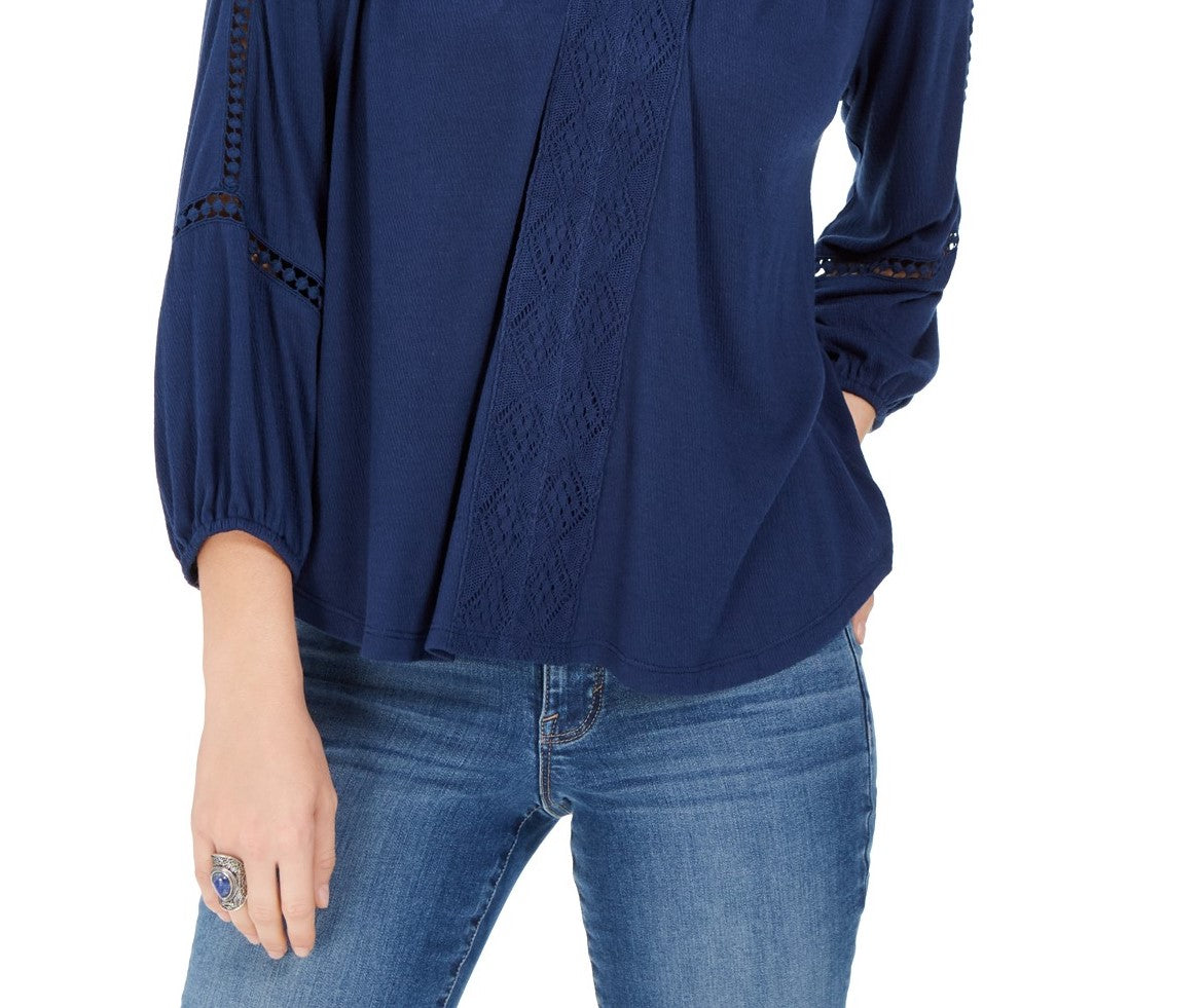 Style & Co Women's Lace-Back Crochet Top Navy Size Small