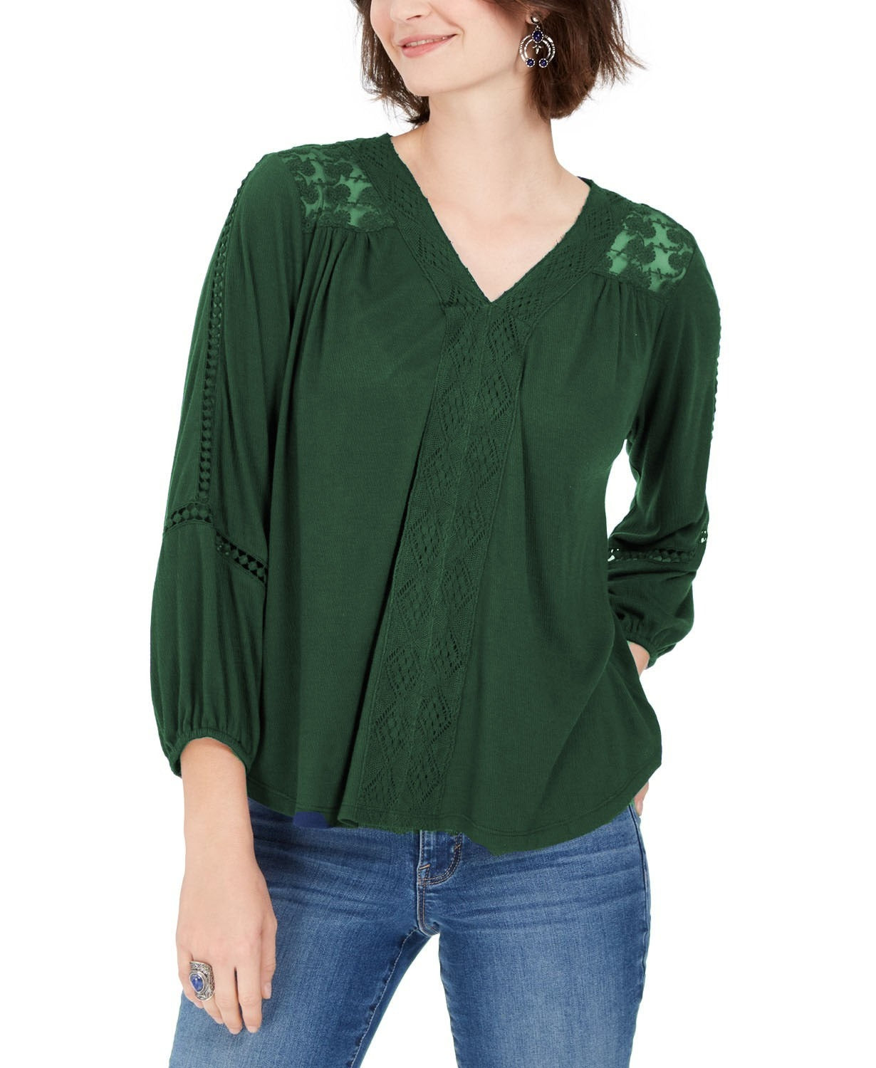 Style & Co Women's Lace-Back Crochet Top Green Size Large