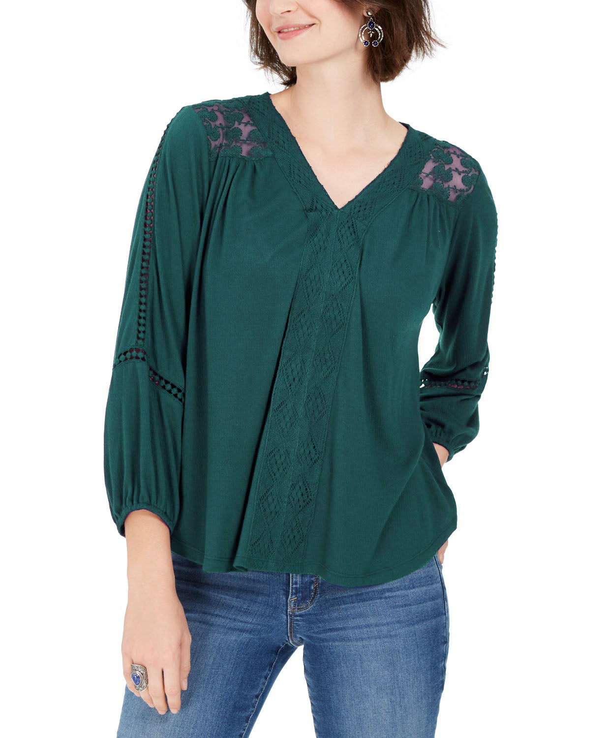 Style & Co Women's Lace-Back Crochet Top Green Size Medium