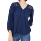 Style & Co Women's Lace-Back Crochet Top Navy Size Large