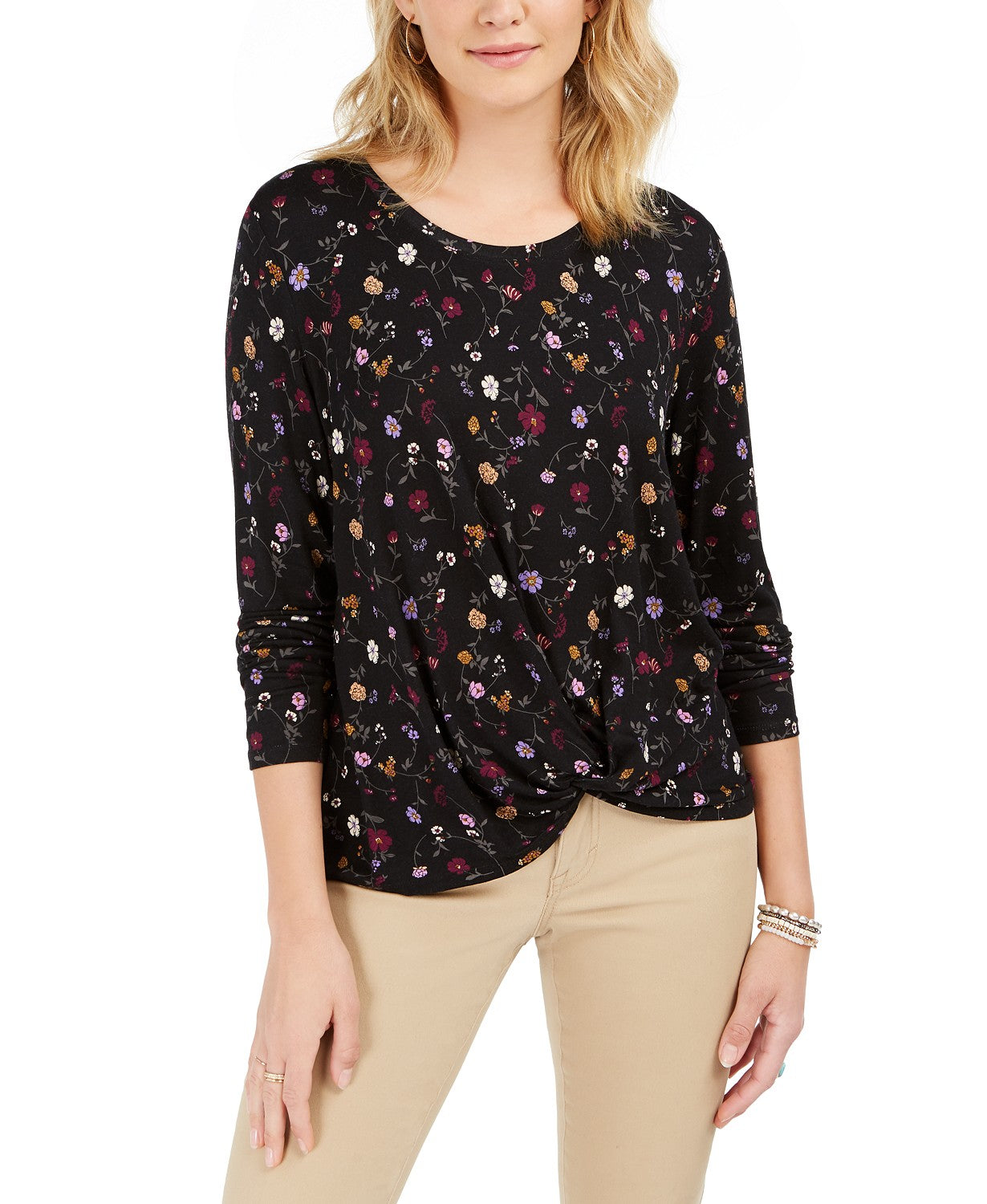 Style & Co Women's Floral-Print Twist-Front Top Black Size Extra Large