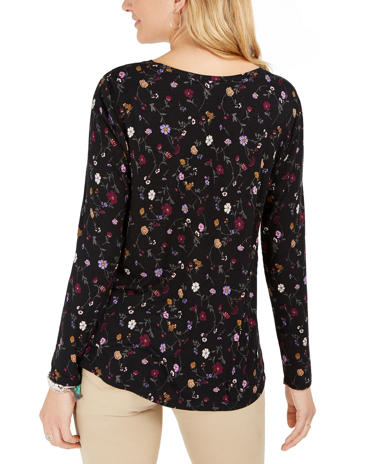 Style & Co Women's Floral-Print Twist-Front Top Black Size Extra Large