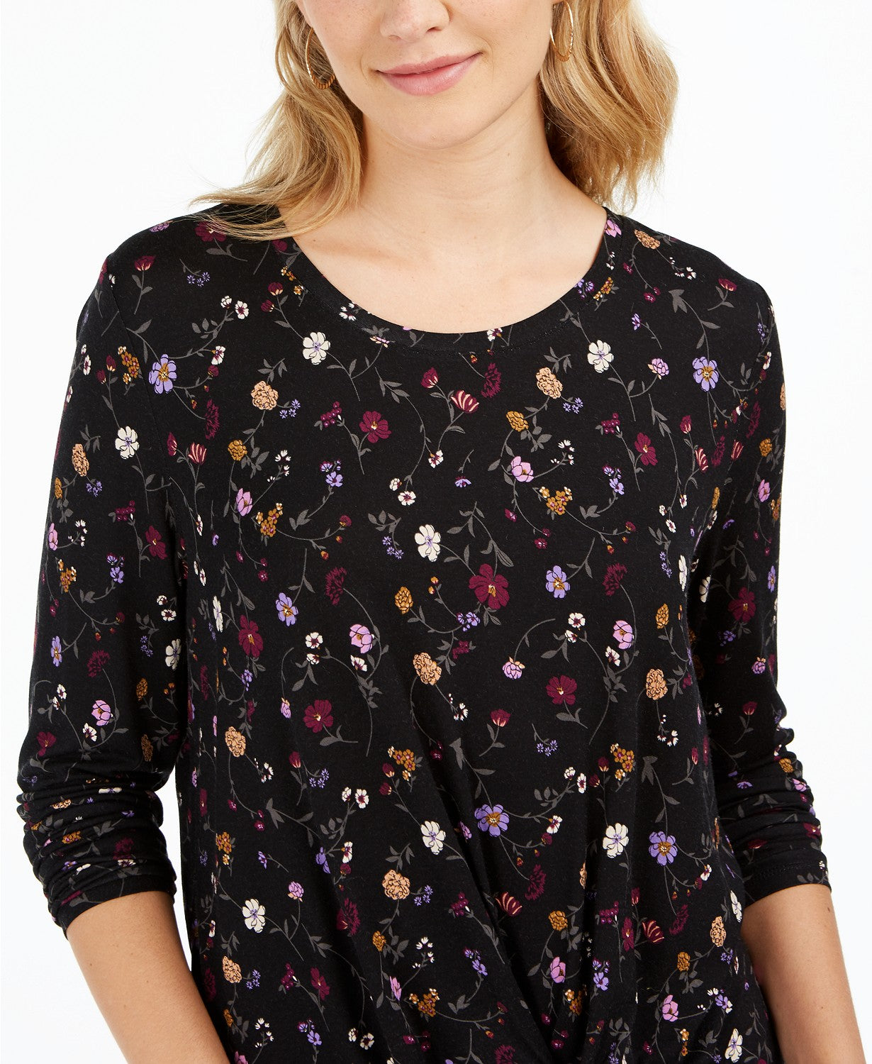Style & Co Women's Floral-Print Twist-Front Top Black Size Extra Large