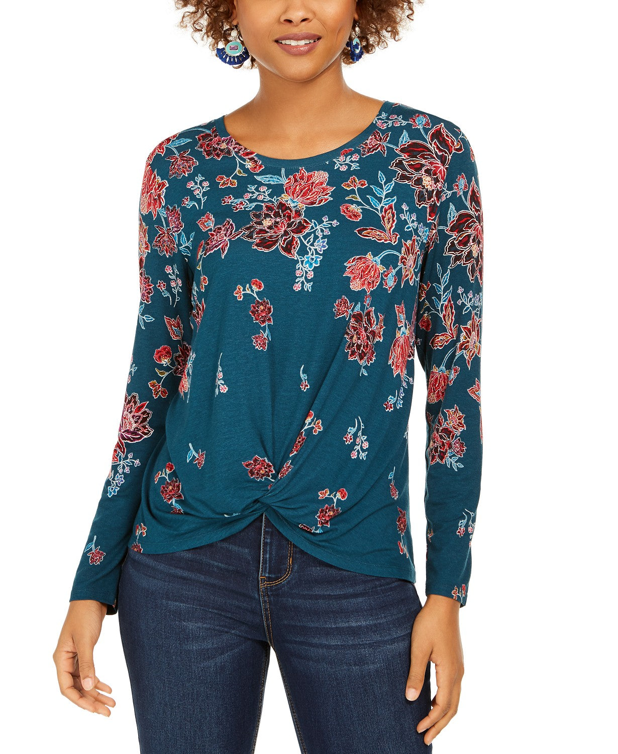 Style & Co Women's Floral-Print Twist-Hem Top Green Size Small