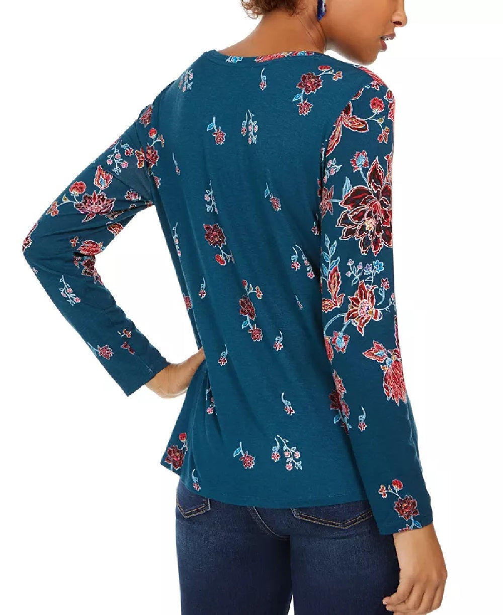 Style & Co Women's Floral-Print Twist-Hem Top Green Size Small
