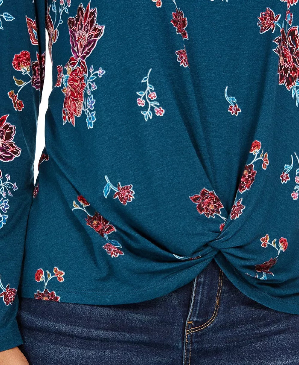 Style & Co Women's Floral-Print Twist-Hem Top Green Size Extra Large