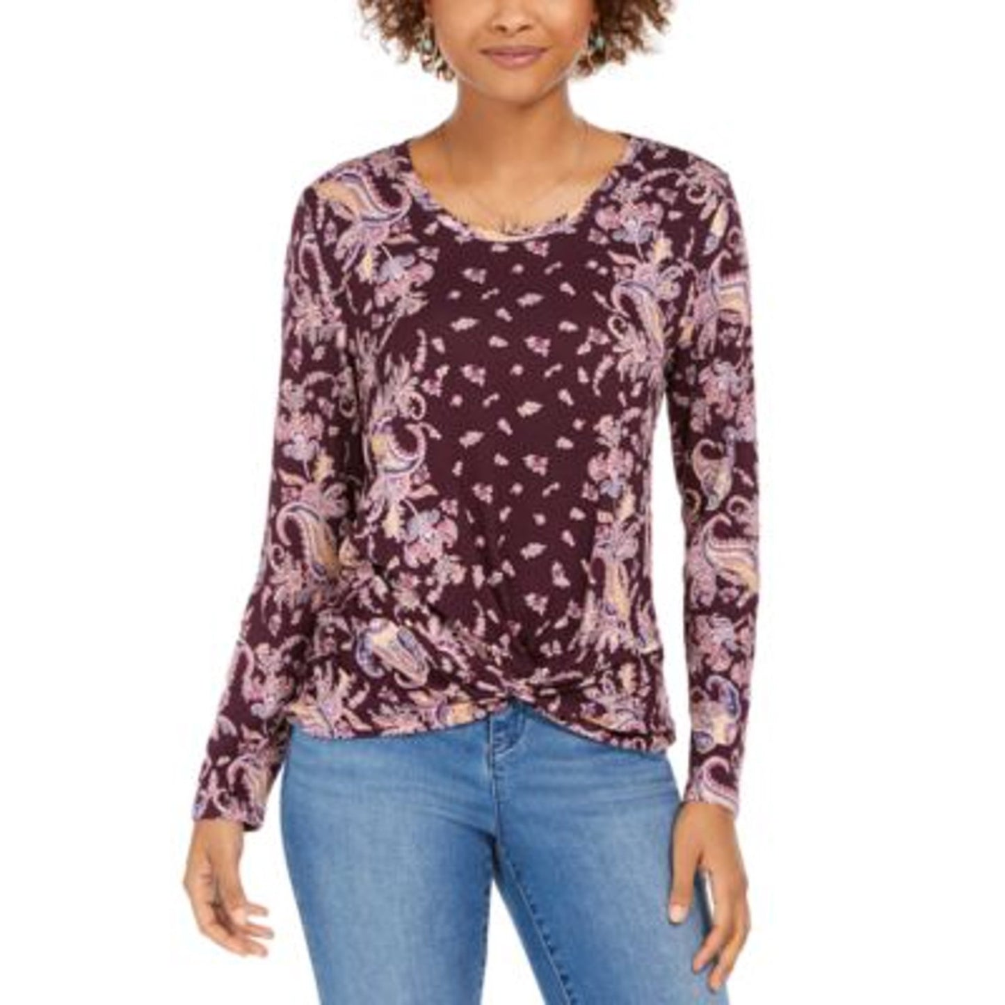 Style & Co Women's Floral-Print Twist-Hem Top Purple Size Medium