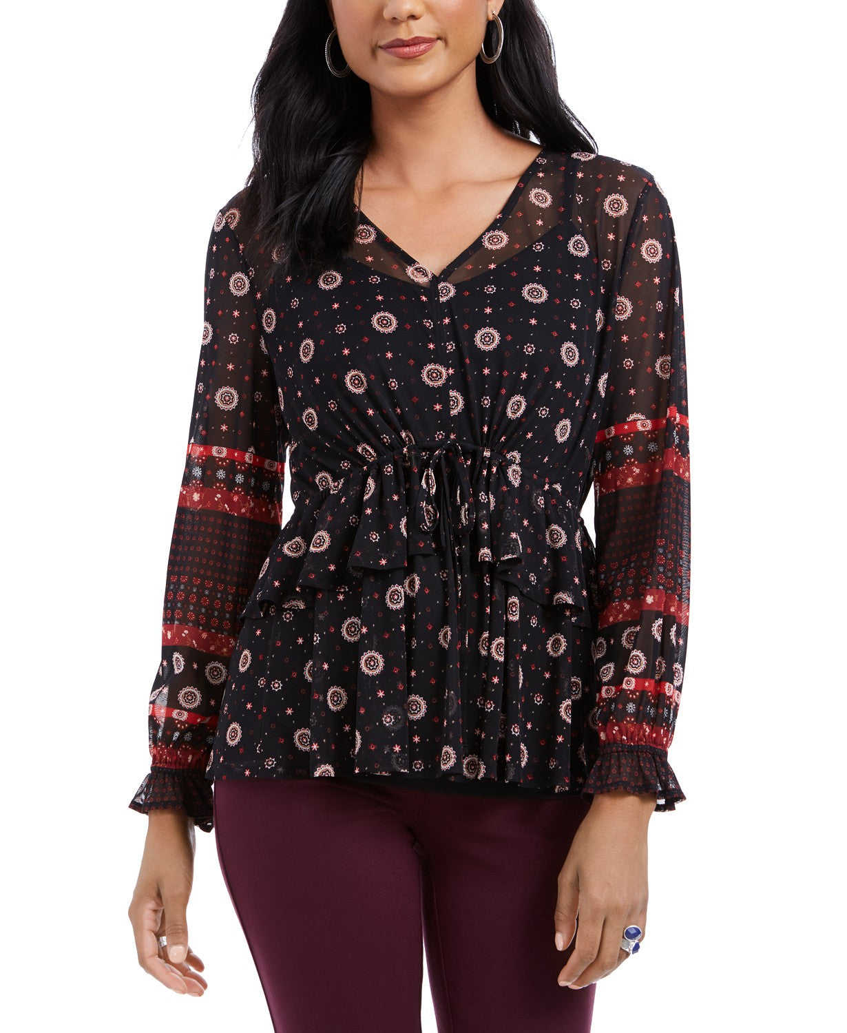 Style & Co Women's Tie-Waist Peasant Blouse Black Size Large