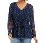 Style & Co Women's Tie-Front Floral Print Peasant Blouse Navy Size Medium