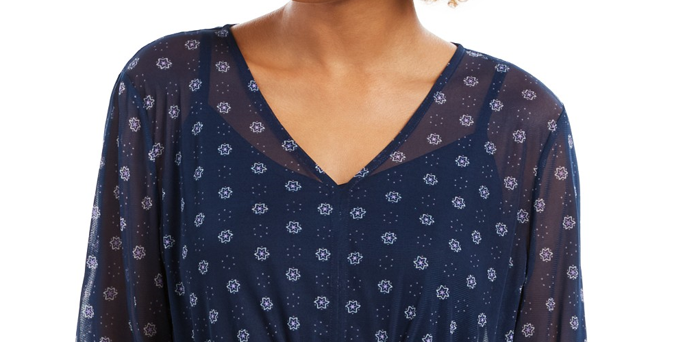 Style & Co Women's Tie-Front Floral Print Peasant Blouse Navy Size Medium