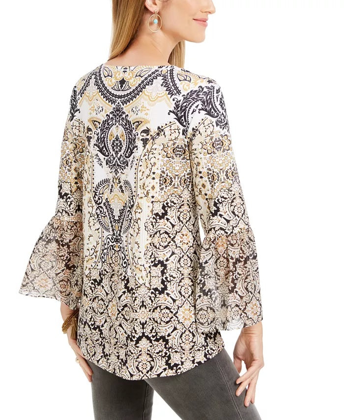 Style & Co Women's Printed Flutter-Sleeve Top Blue Size Small