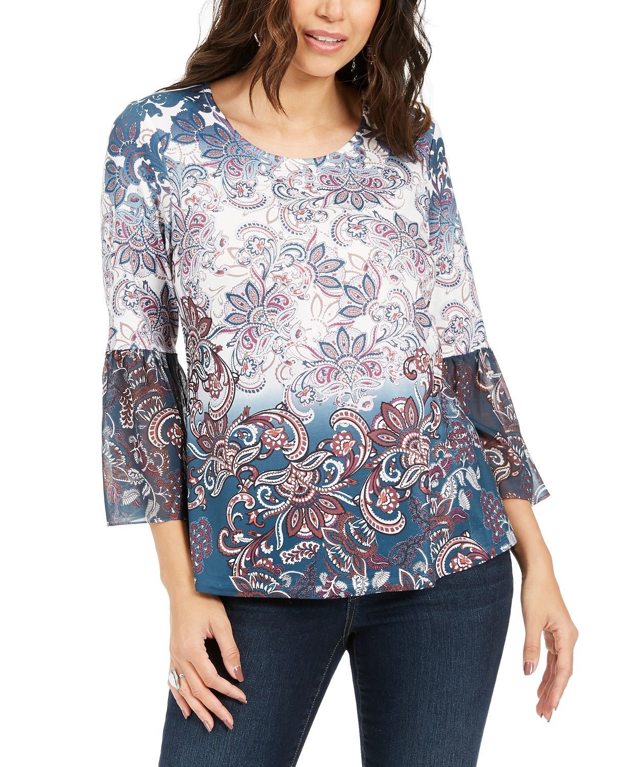 Style & Co Women's Printed Bell-Sleeve Top  Blue Size Small