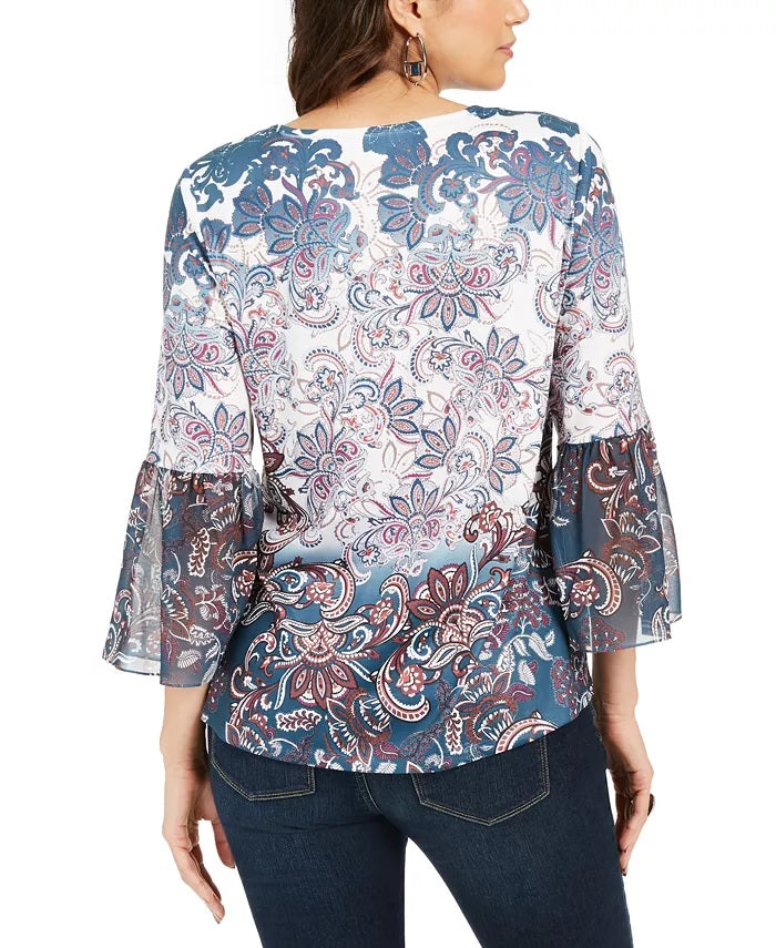 Style & Co Women's Printed Bell-Sleeve Top  Blue Size Small