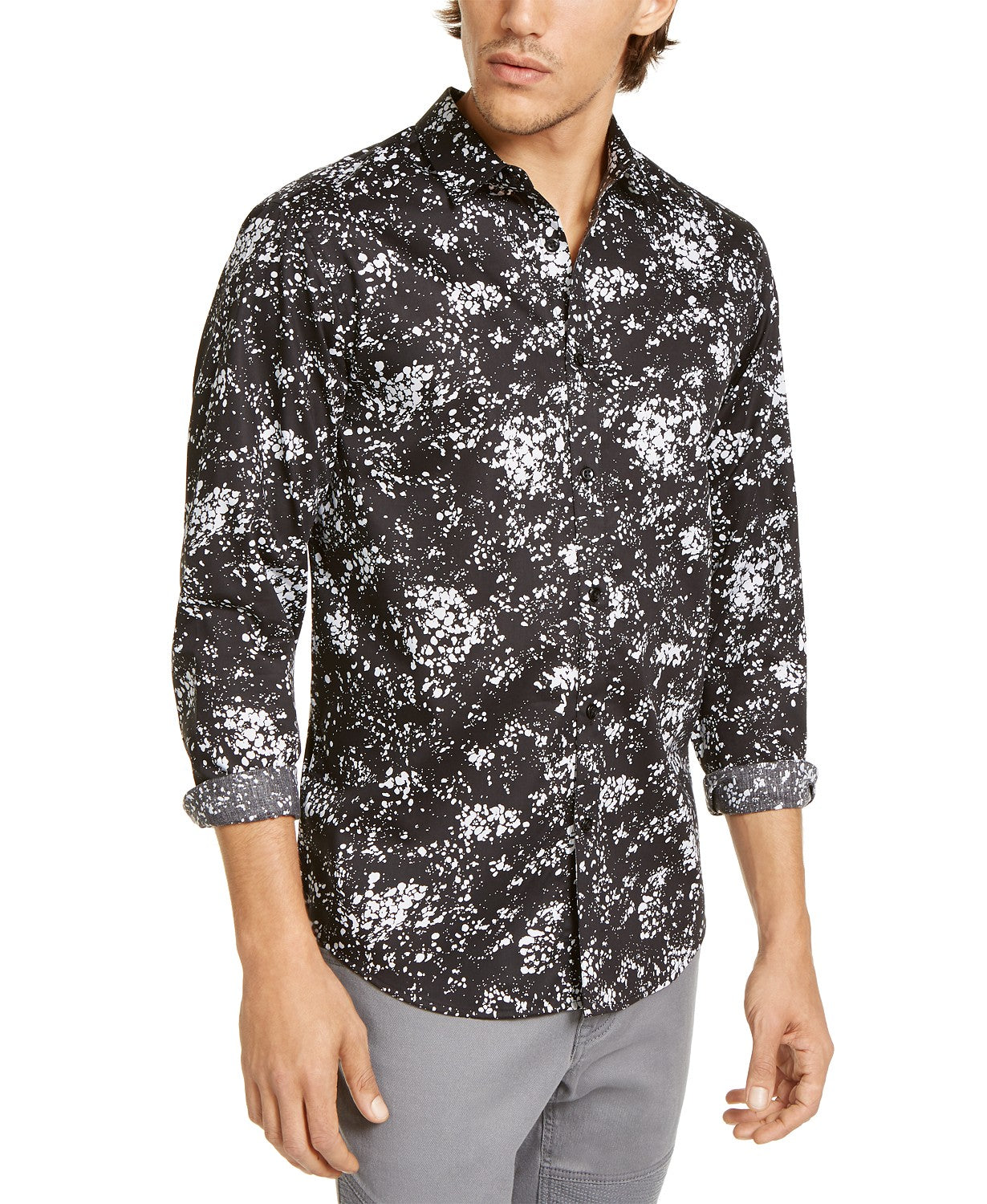 INC International Concepts Men's Big & Tall Paint Splatter-Print Shirt Black Size 4 Extra Large