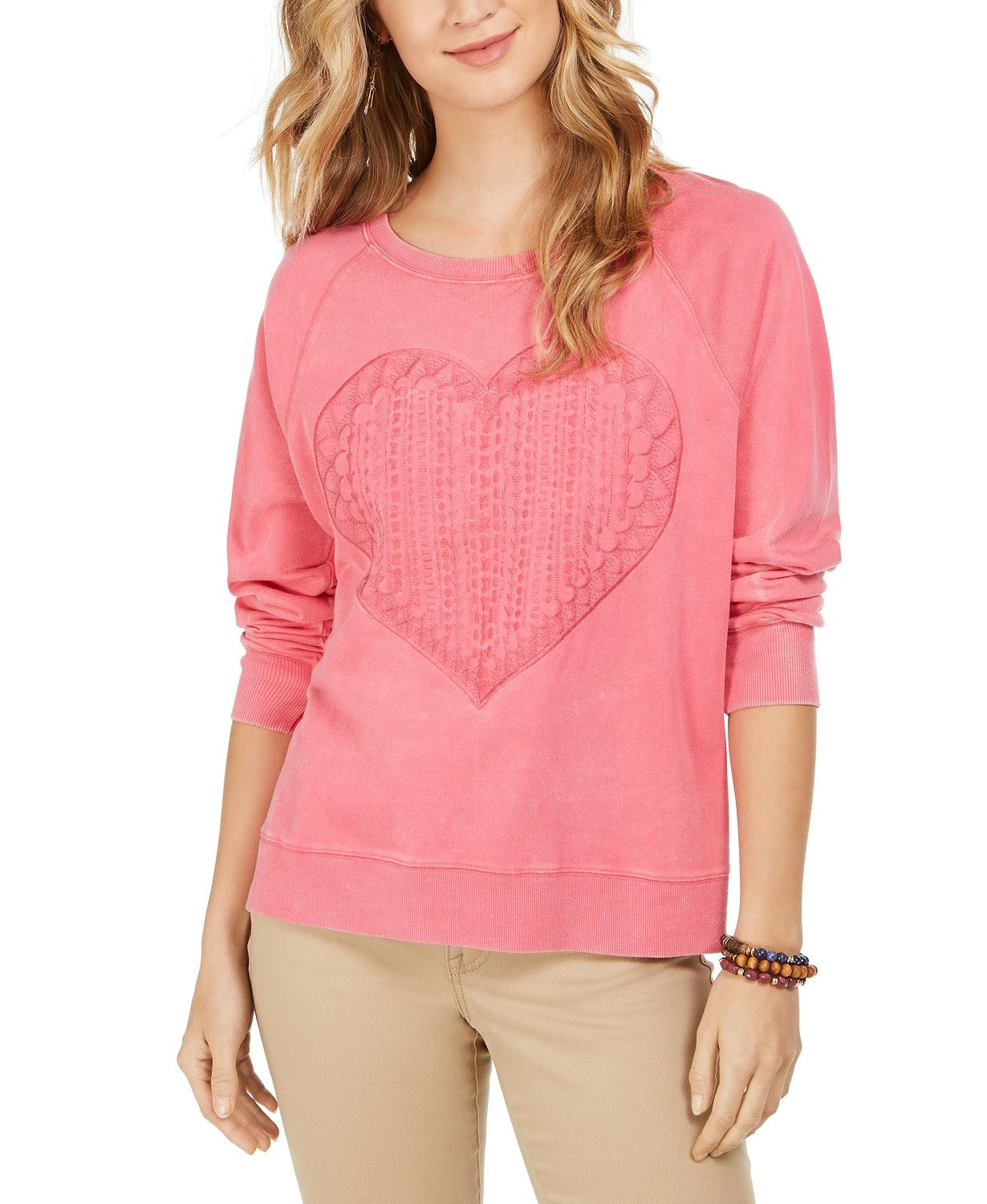 Style & Co Women's Heart-Trim Cotton Sweatshirt Pink Size Extra Small