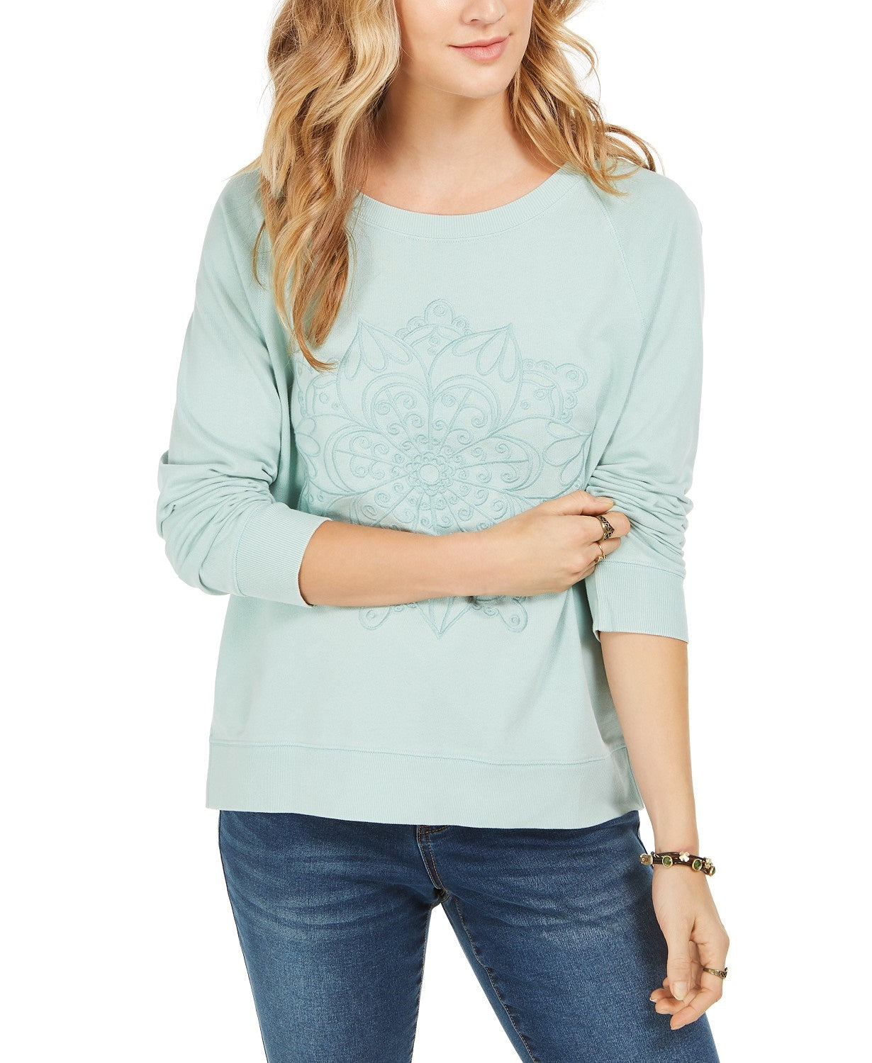 Style & Co Women's Embroidered Cotton Sweatshirt Green Size X-Large