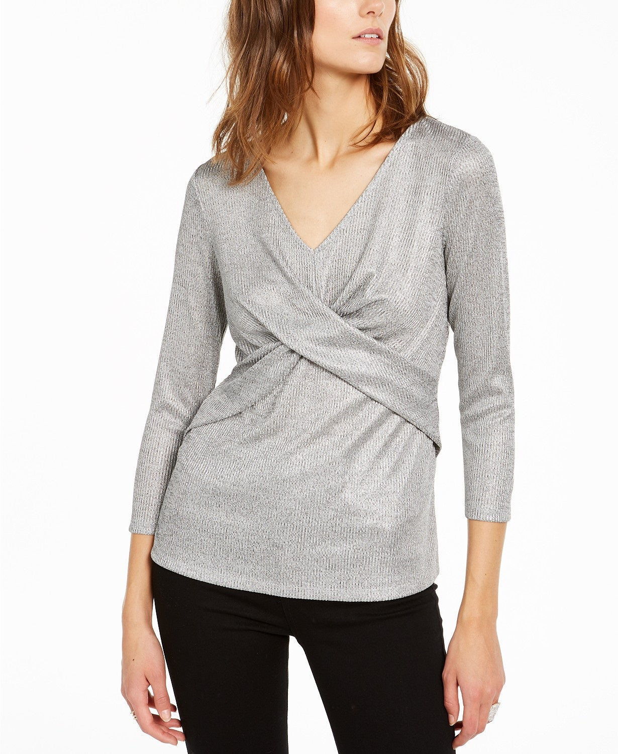 INC International Concepts Women's Criss-Cross Shine Top Silver Size Large
