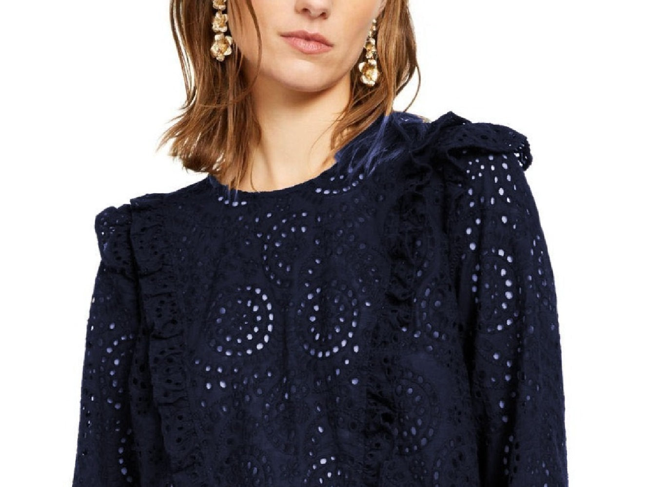 INC International Concepts Women's  Ruffled Eyelet Top Navy Size Small