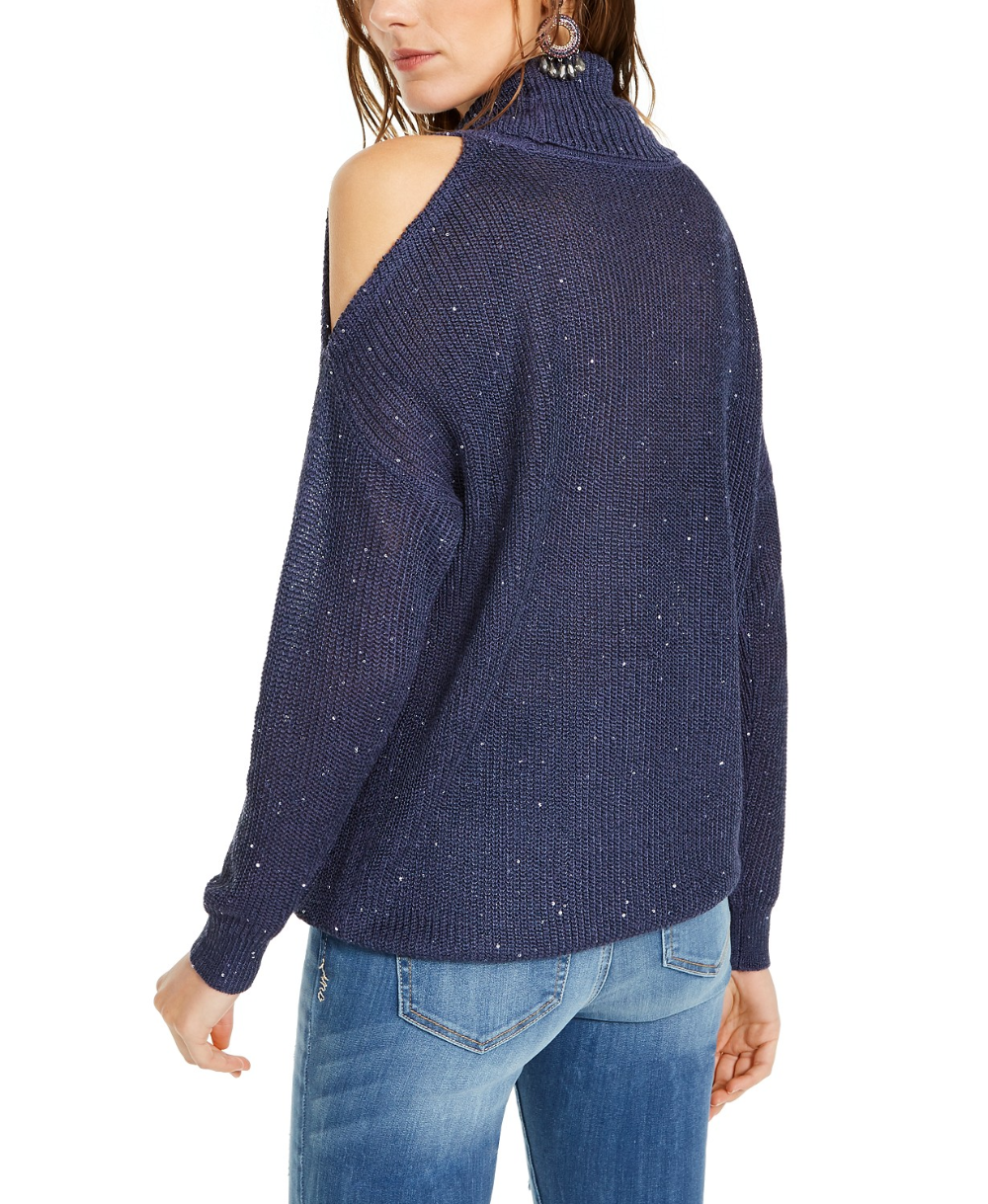 INC International Concepts Women's Sequin Cutout Turtleneck Sweater  Navy Size Large