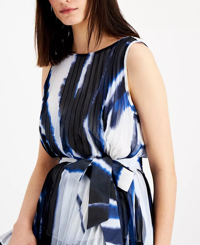 Alfani Women's Belted Pleated Abstract Top Dark Blue Size Small