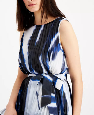 Alfani Women's Belted Pleated Abstract Top Dark Blue Size Small