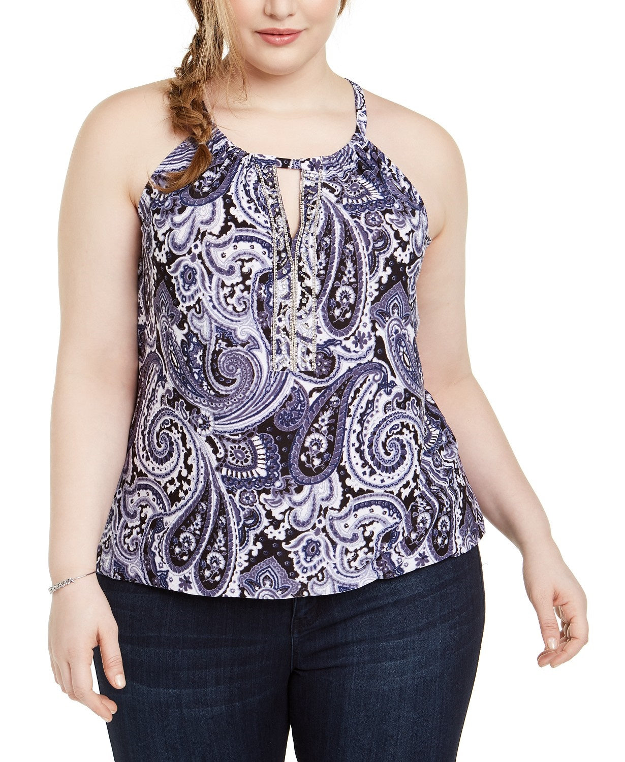 INC International Concepts Women's Plus Size Printed Keyhole-Cutout Embellished Halter Top  Blue Size XX-Large