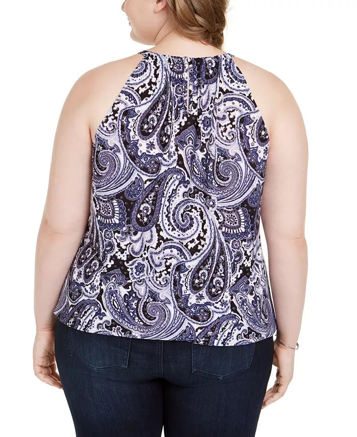INC International Concepts Women's Plus Size Printed Keyhole-Cutout Embellished Halter Top  Blue Size XX-Large