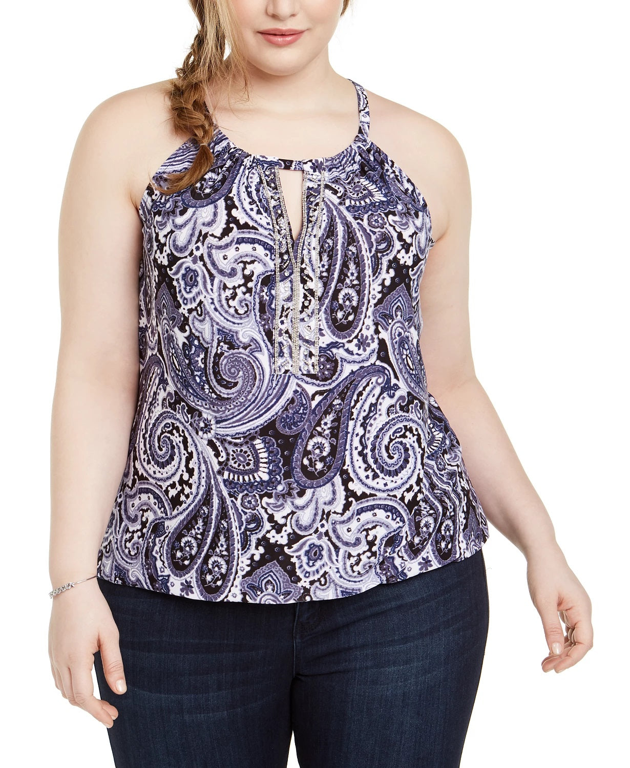 INC International Concepts Women's Plus Size Printed Keyhole-Cutout Embellished Halter Top  Blue Size 0X