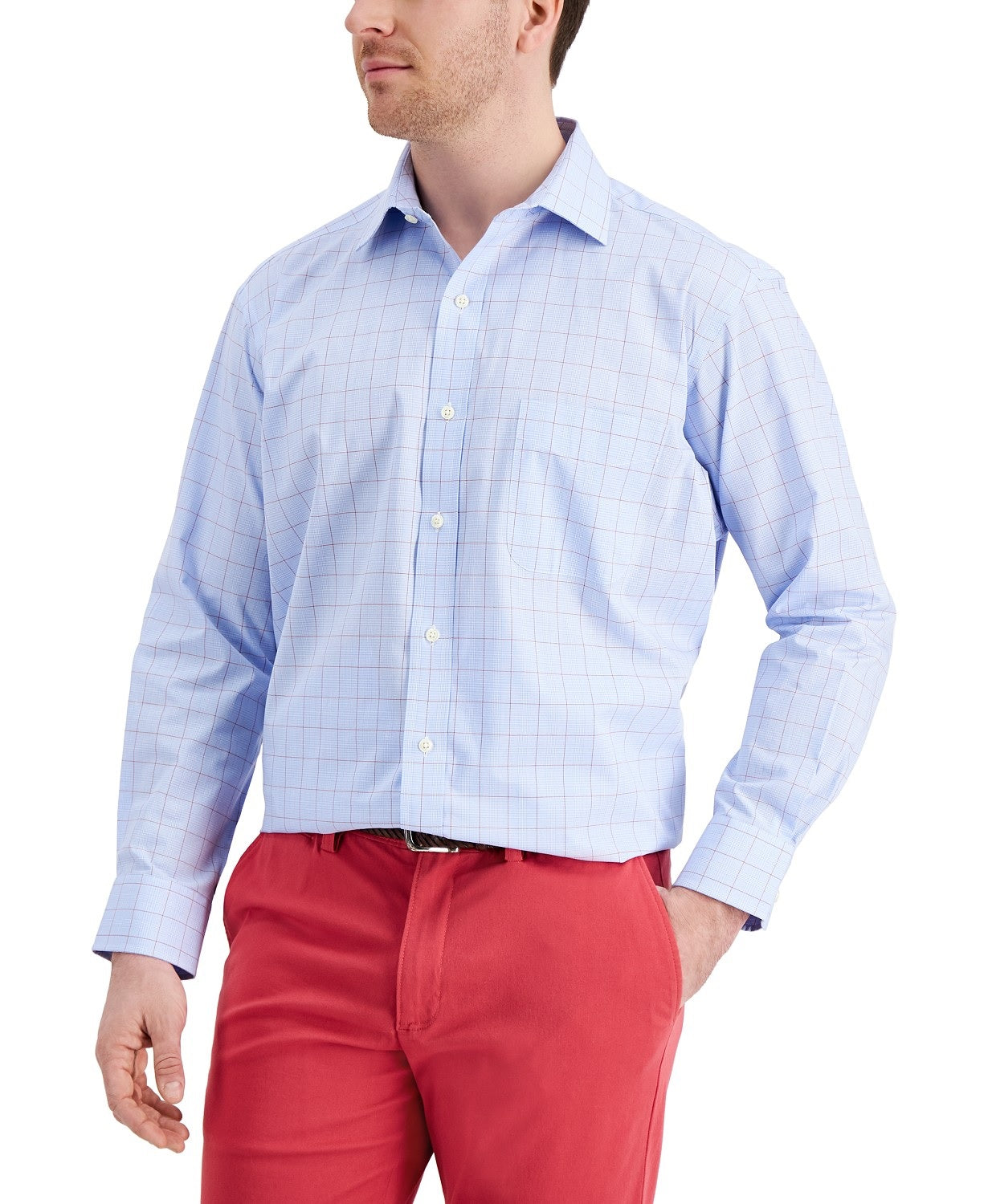 Club Room Men's Classic Fit Stretch Small Glen Plaid Dress Shirt Blue Size 18"-36x37