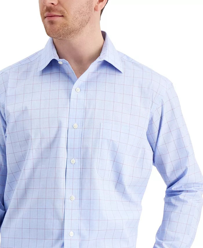Club Room Men's Classic Fit Stretch Small Glen Plaid Dress Shirt Blue Size 18"-36x37