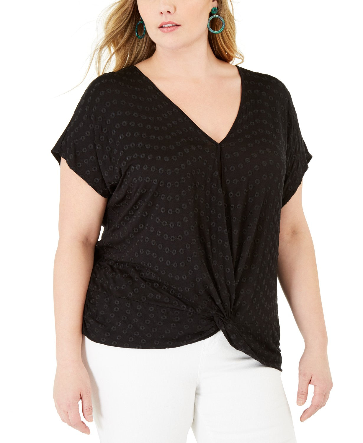 INC International Concepts Women's Eyelet Twist Front Top Black Size 1X