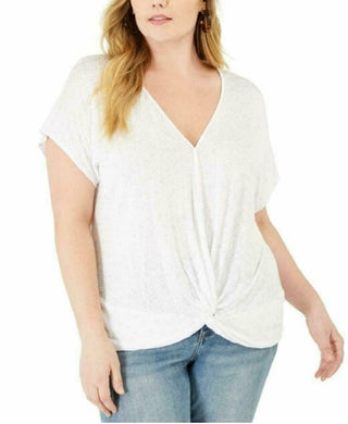 INC International Concepts Women's Plus Size Eyelet Twist-Front Top White Size 3X