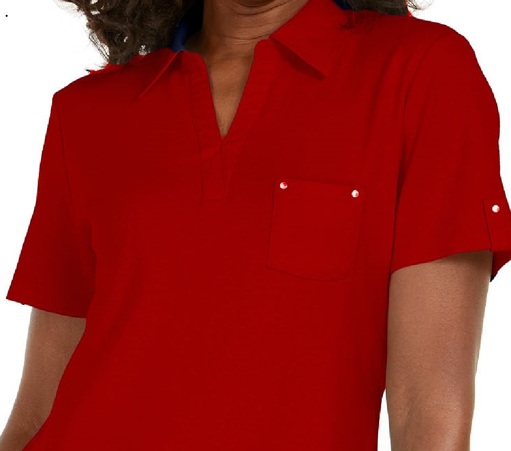 Karen Scott Women's Cotton Polo Shirt Bright Red Size Small