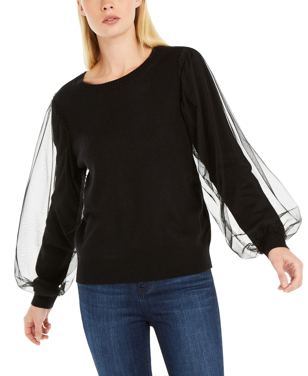 INC International Concepts Women's Tulle-Sleeve Sweater  Black Size Small