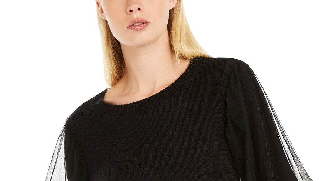 INC International Concepts Women's Tulle-Sleeve Sweater  Black Size Small