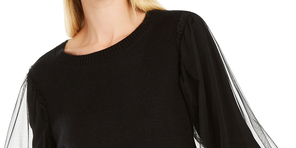 INC International Concepts Women's Tulle-Sleeve Sweater Black Size Extra Small