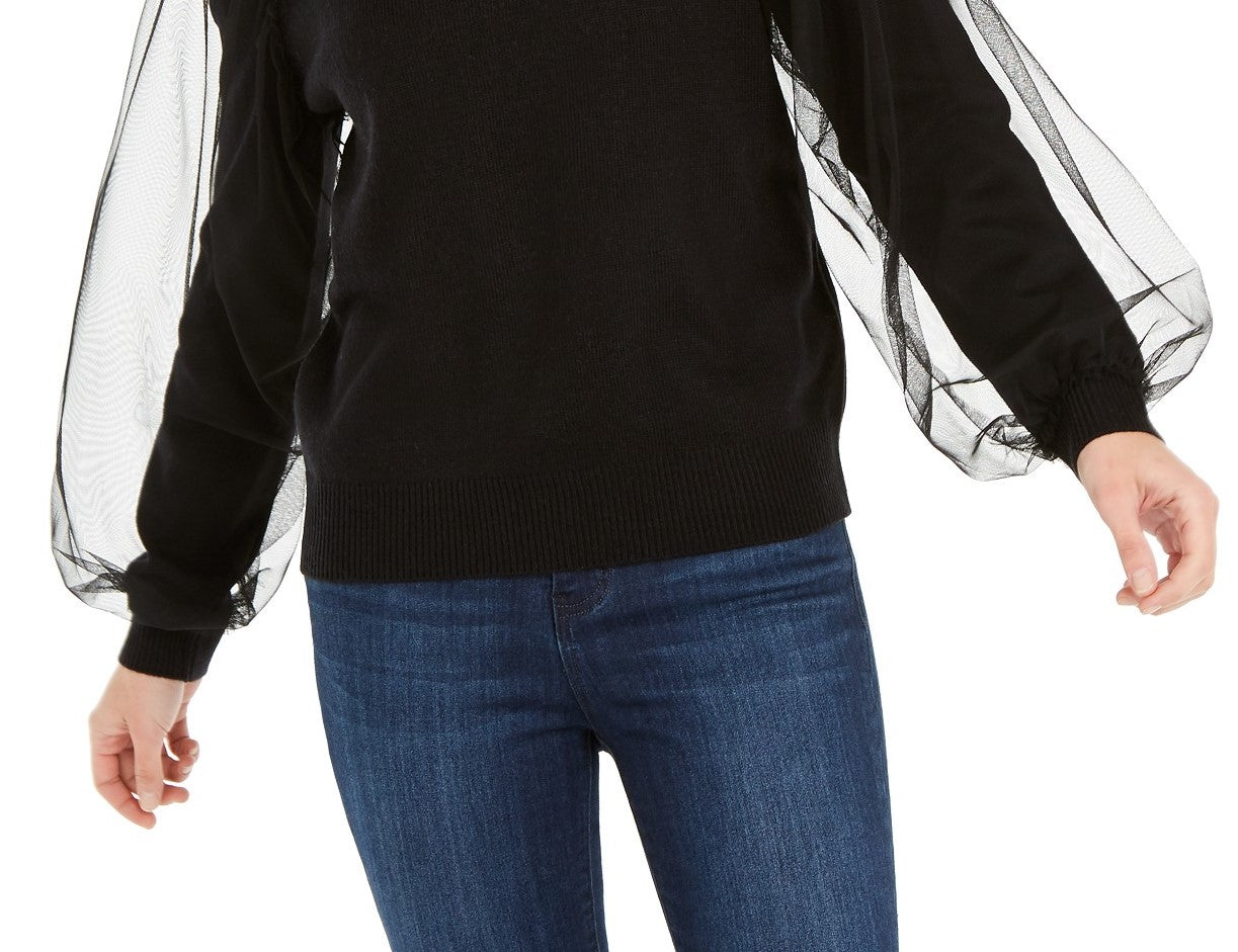 INC International Concepts Women's Tulle-Sleeve Sweater Black Size Extra Small