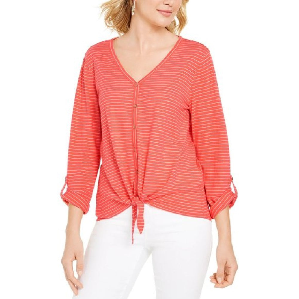 Style & Co Women's Striped Tie Front Top Orange Size XX-Large