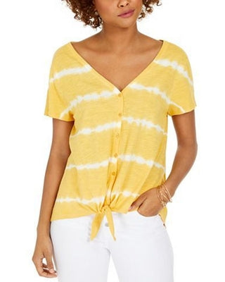 Style & Co Women's Tie Dye Tie Front Top Gold Size Small