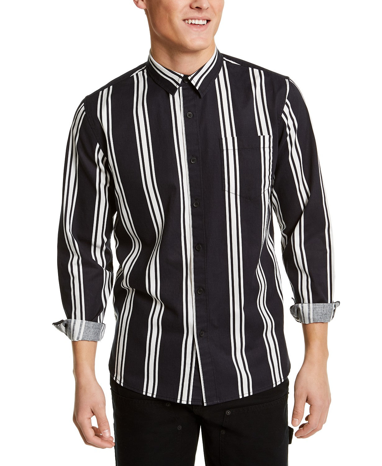 Sun + Stone Men's Vertical Striped Shirt Black Size Large