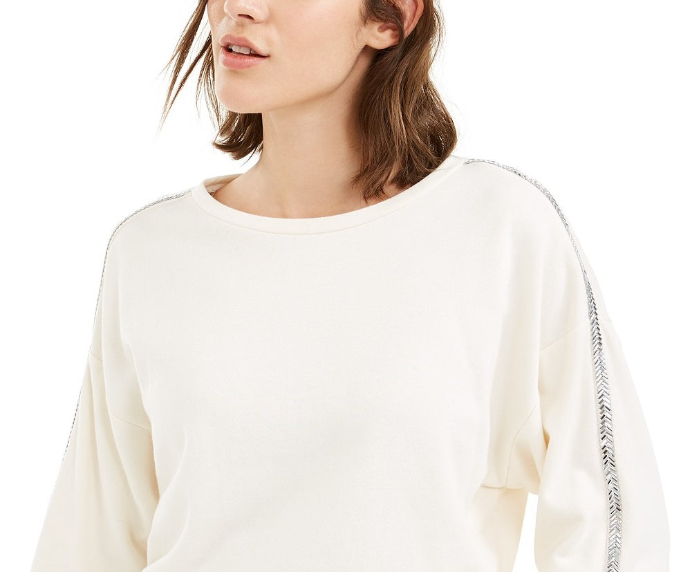 Bar III Women's Shine Stripe Sweatshirt White Size Large