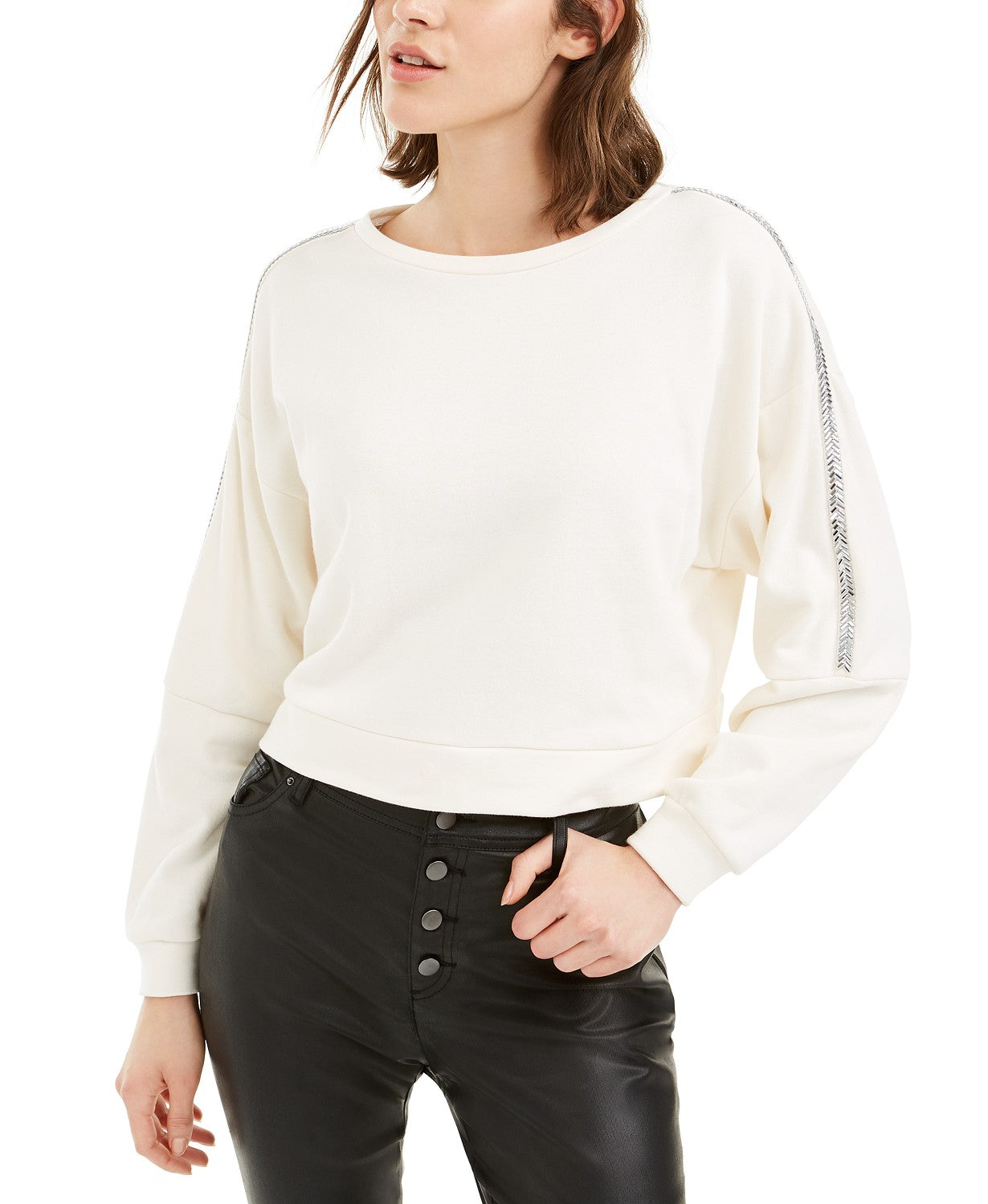 Bar III Women's Shine Stripe Sweatshirt White Size Small