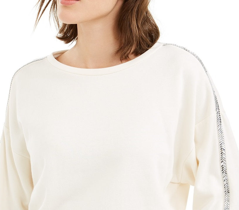 Bar III Women's Shine Stripe Sweatshirt White Size Small